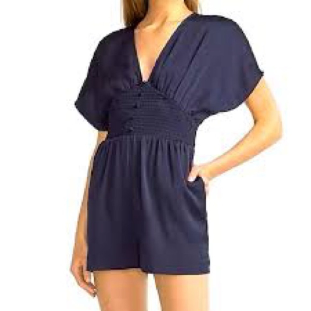 EXPRESS Navy Blue Smocked Waist Silky Romper EUC Size Large